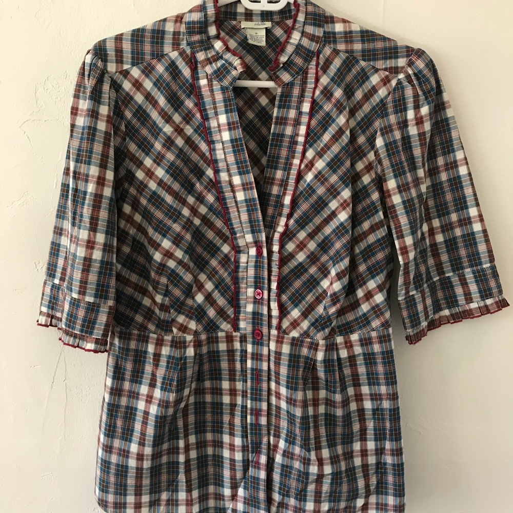 Anthropologie plaid button with ruffle edges